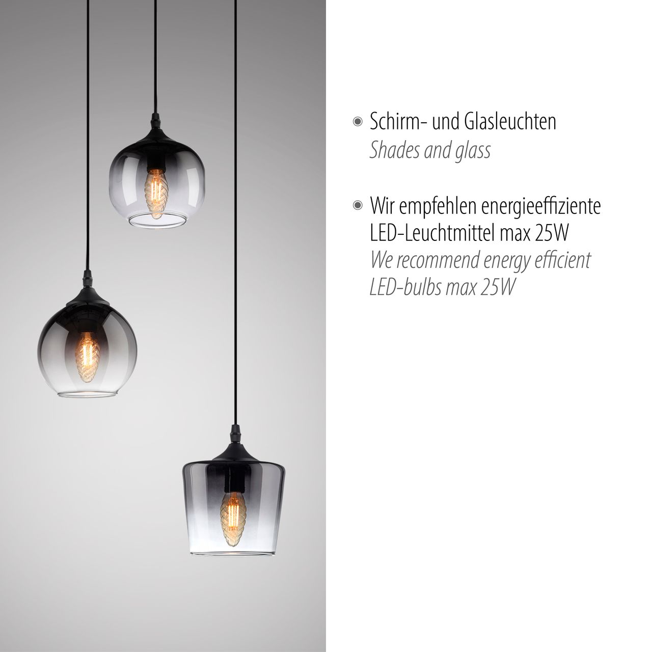 JUST LIGHT Pendelleuchte GREEN ZEA, 3x E14/25 Watt max., rauchfarbene Gläser, rund, Schwarz