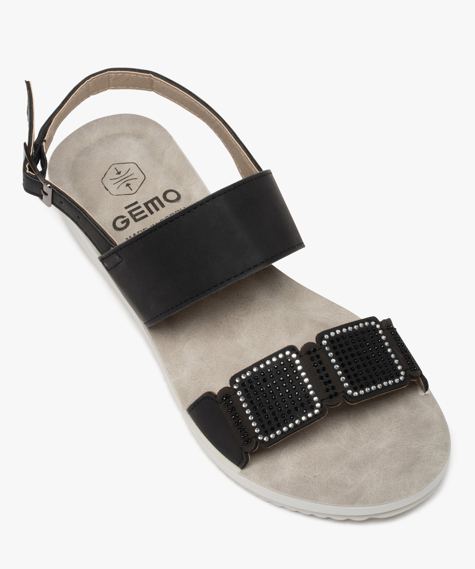 Sandales femme plates dessus uni à strass noir | GEMO