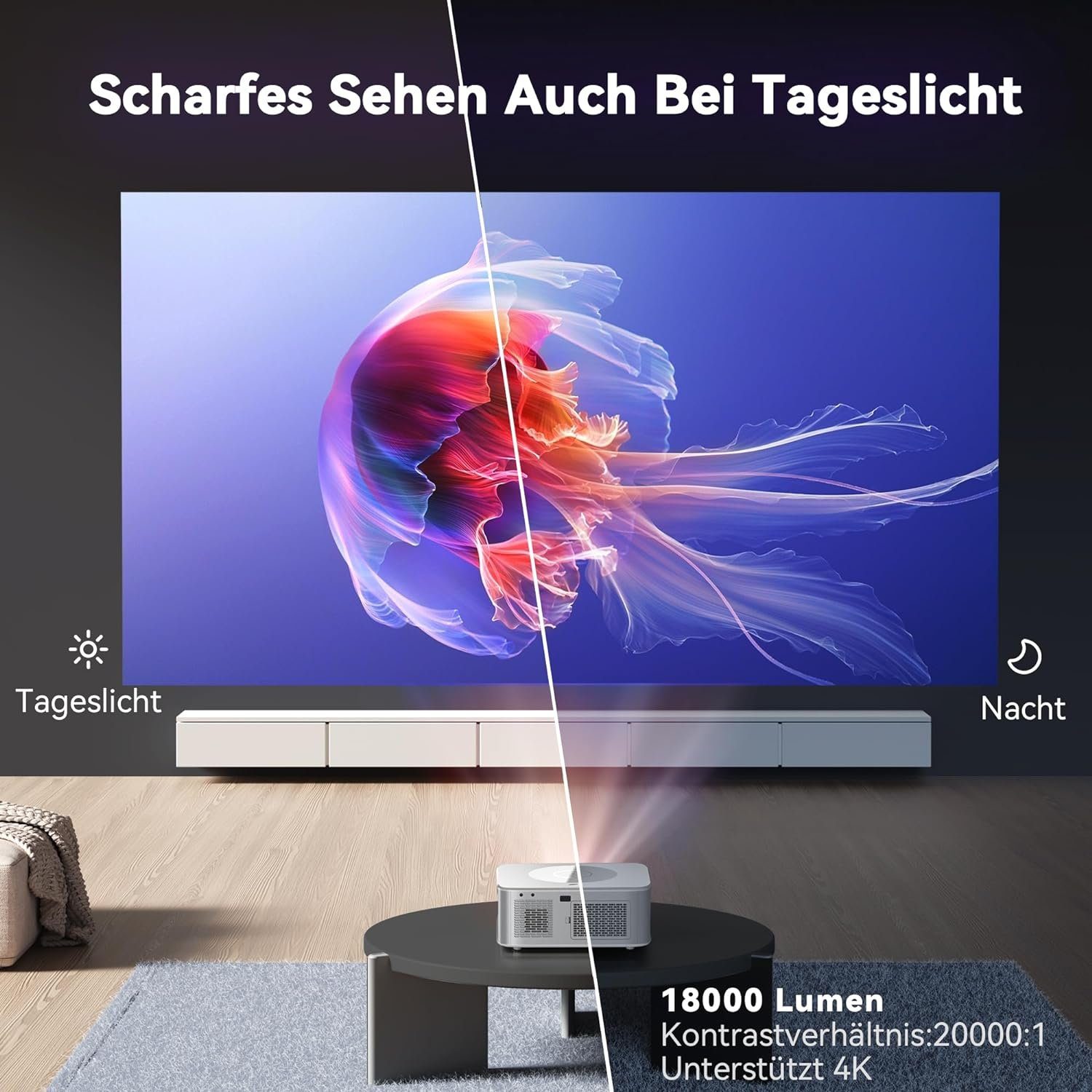HORLAT Portabler Projektor (18000 lm, 1920 x 1080 px, Full HD 1080P Bluetooth 4K Unterstützt mit Touchscreen 18000 Lumen)