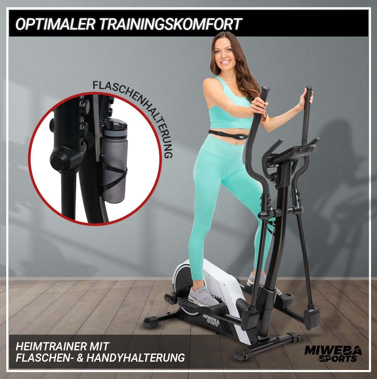 Miweba Sports Ellipsentrainer Profi Crosstrainer MC300 inkl. Pulsgurt - 21 kg Schwungmasse (8 Intensitätsstufen, 16 Trainings Programme, Cardio, Fitnessgerät, Sportgerät, verstellbar, 1-tlg., iConsole, Kinomap, FitHiWay App, großes LCD Display, Table