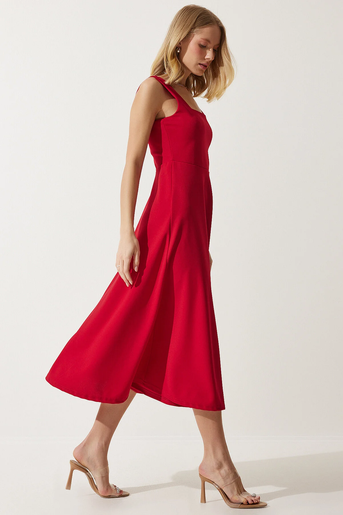 Happiness İstanbul  Rotes A-Linien-Kleid mit quadratischem Kragen für Damen DK00169