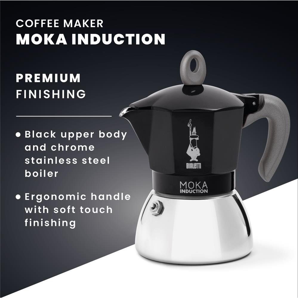 BIALETTI Espressokocher New Moka 6 Tassen, 0,28l Kaffeekanne, Alu/Stahl Induktions-/Gas-/Elektroherd Campingkocher Silber/Schwarz