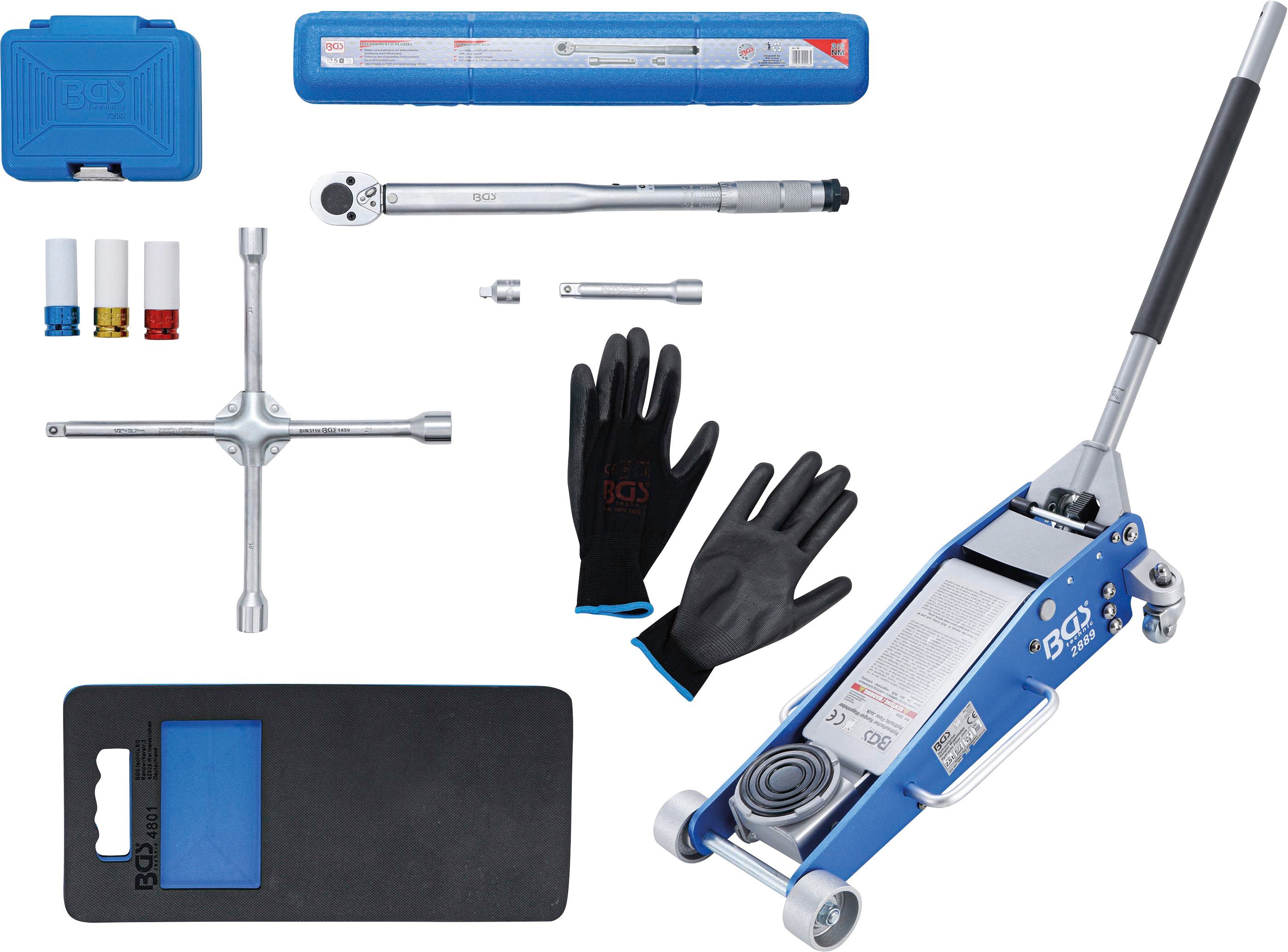 BGS Rangierwagenheber 9681, max. Hubhöhe: 46 cm, Set, 10-teilig, mit Radwechsel-Service-Satz, 2,5t