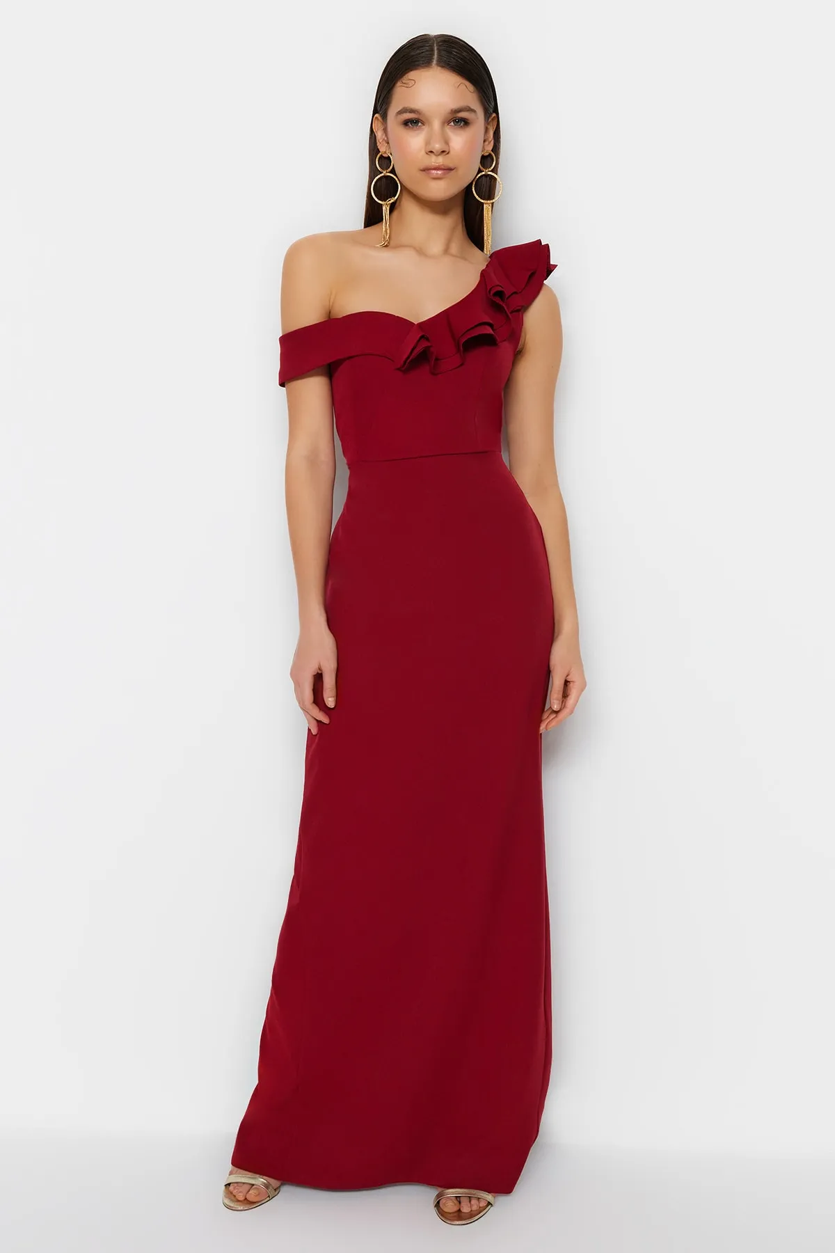 Trendyol Collection  Burgunderrotes langes Abendkleid mit Blumenmuster TPRSS23EL00208