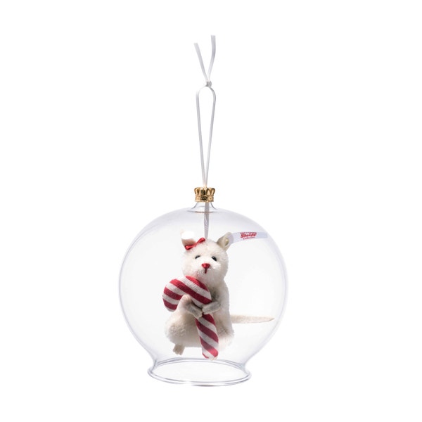 Candy Cane Maus in Glaskugel Ornament, 8 cm, weiß