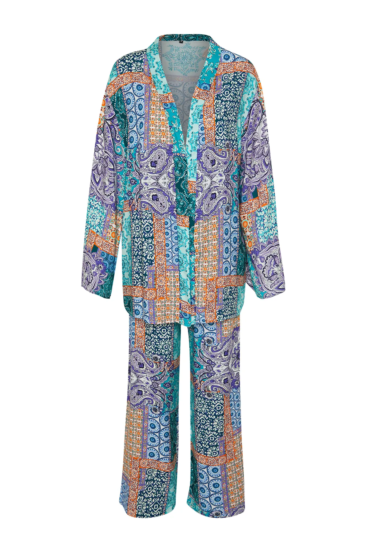 Trendyol Collection  Blauer Kimono mit Schalkragen und weitem Bein, gewebtes Viskoseoberteil und Unterteil TWOSS24AU00026