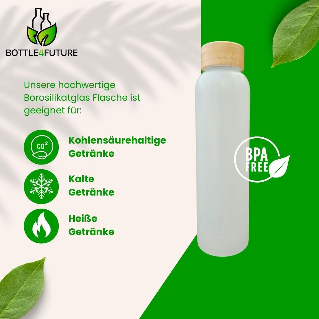 Bottle4Future Trinkflasche 500ml Glas, Auslaufsicher, Bruchsicher, Kohlensäure Geeignet, Borosilikatglas 500ml