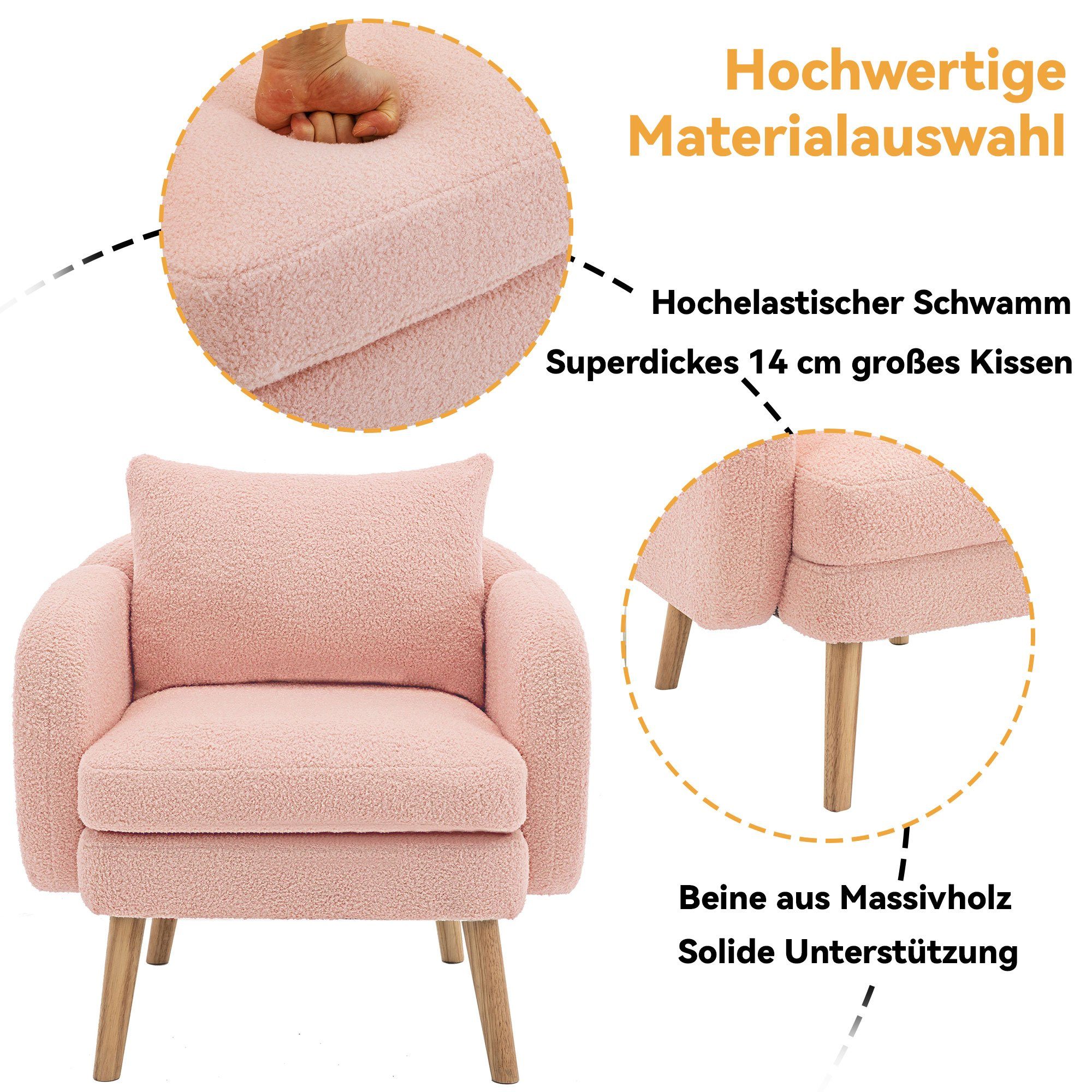 KLAM HOME Sessel Ohrensessel, Relaxsessel, Lehnsessel mit super dickes Kissen (Armlehnensessel TV-Sessel bis 150 kg Belastbar), Einzelsofa gepolsterter Ohrensessel mit Massivholz-Bein