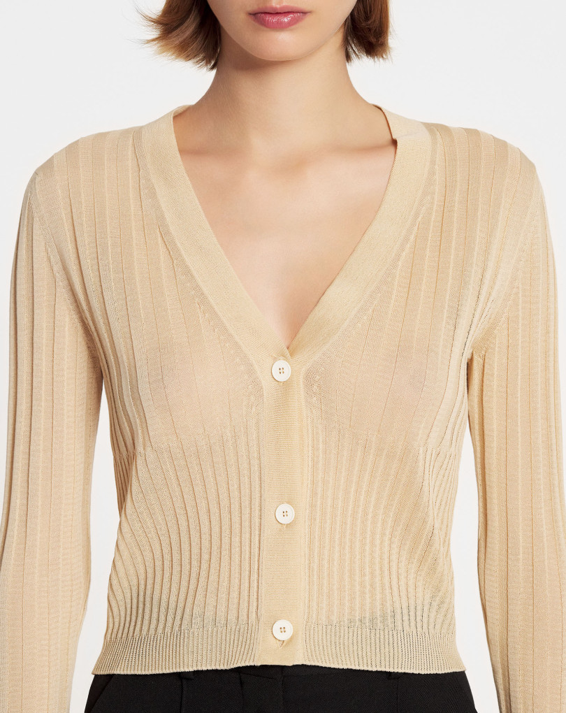 CARDIGAN COL V EN SOIE ET COTON CÔTELÉ