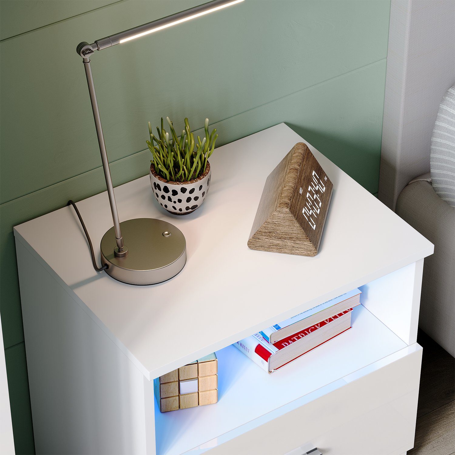 SONNI Nachtkonsole Nachttisch mit led beleuchtung,schublade 45x35xH46.5cm, Nachtkommode weiss hochglanz, 45cm breit