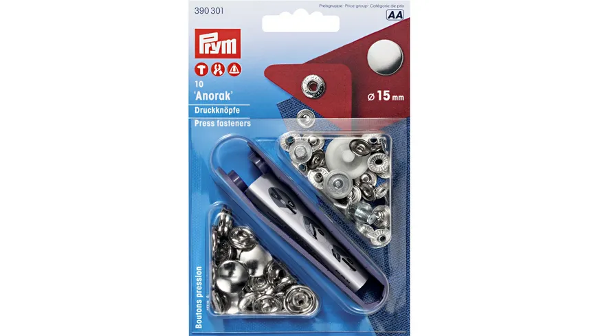 Prym nähfreie Druckknopfe  Anorak Messing 15 mm silberfarbig