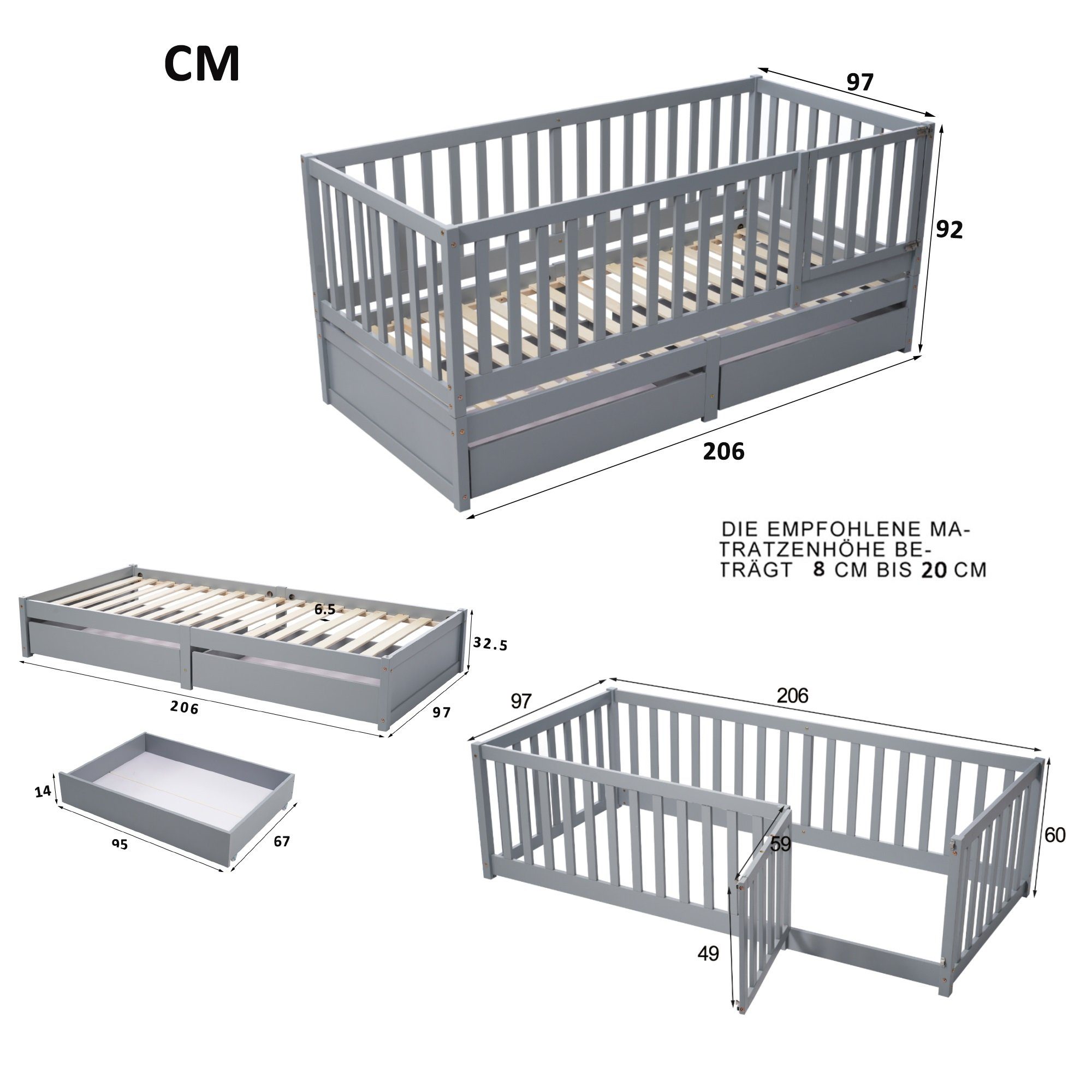 WISHDOR Babybett Baby Bett Kinderbett Jugendbett Holzbett Massivholzbett Bettgitter, 2-tlg., ohne Matratze mit Vollabtrennung Rausfallschutz 90x200 cm Massivholz