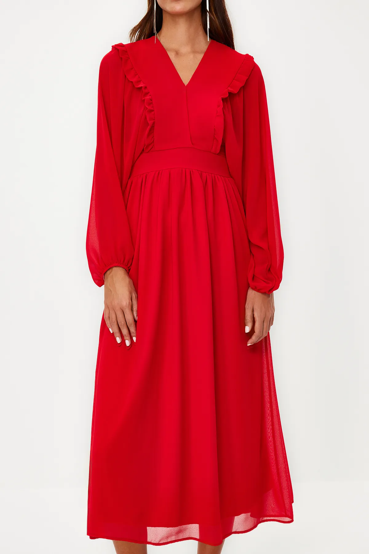 Trendyol Modest  Rotes, minimal gemustertes, mit Chiffon gefüttertes Webkleid TCTSS24EB00035