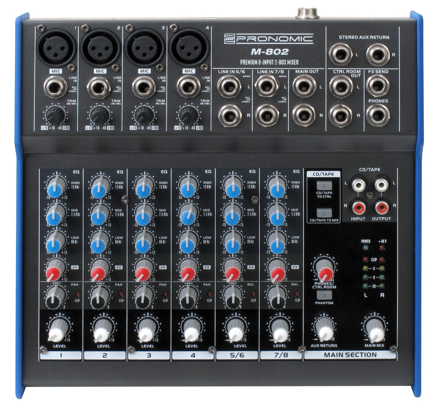 Pronomic Mischpult M-802 Live/Studio 8-Kanal DJ -Mixer, mit 4 Mono-Kanäle XLR/Klinke, 2-Stereo Kanäle, 3-Band-EQ