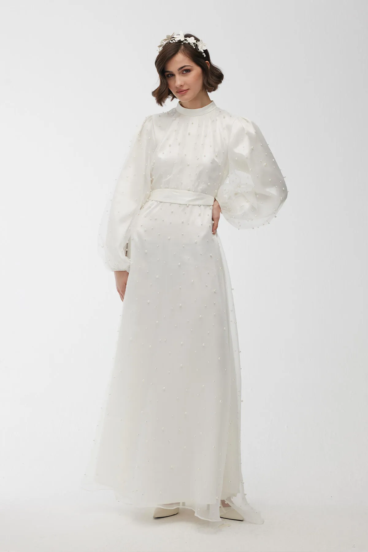 Manuka  Abendkleid mit Tüll und Perlendetails Ecru