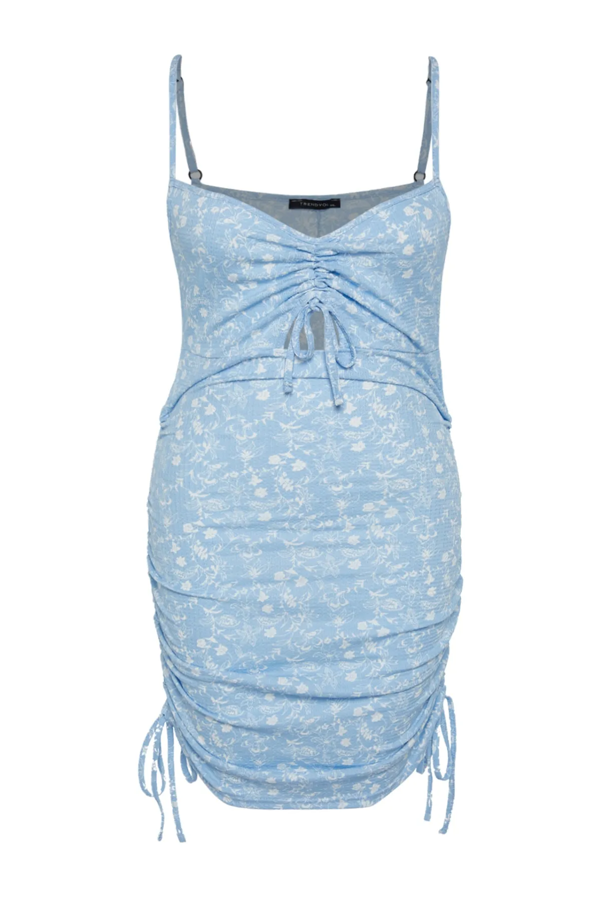 Trendyol Curve  Blaues, figurbetontes, gerafftes, detailliertes Strickkleid mit Blumenmuster TBBSS22AH0142