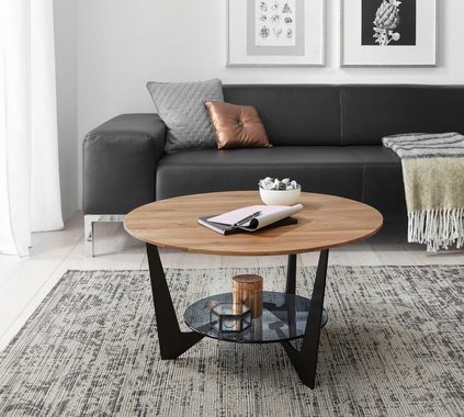 MCA furniture Couchtisch Cadiz, Rund Eiche Natur geölt, Ablageboden Glas Grau