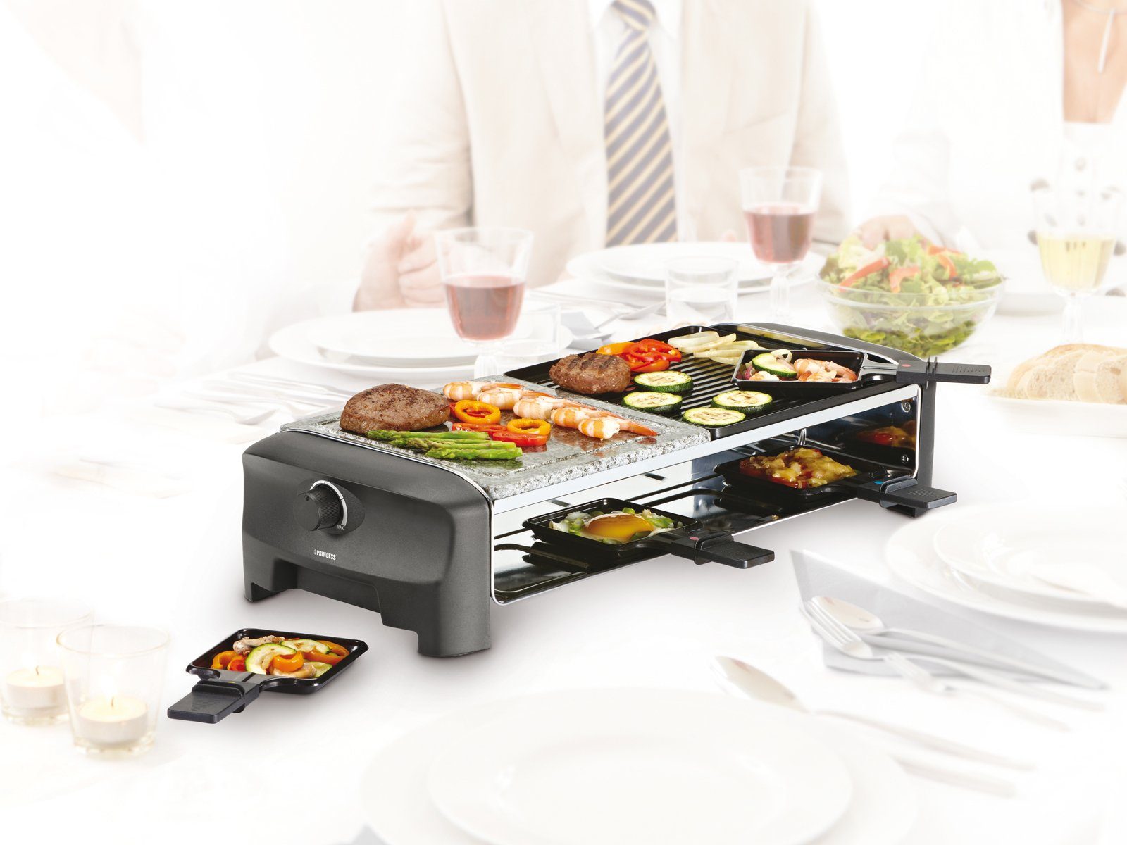 Setpoint Raclette, 8 Raclettepfännchen, 1400 W, großes Gerät 2-8 Personen Tisch-Grill Stein & wendbare Griddle Platte
