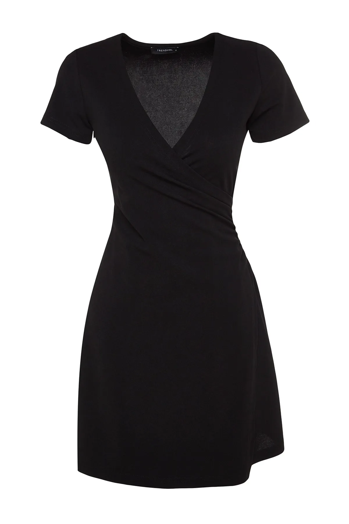 Trendyol Collection  Schwarzes, zweireihiges Mini-Strickkleid aus Crêpe in A-Linie mit zweireihigem Ausschnitt TWOSS23EL01703