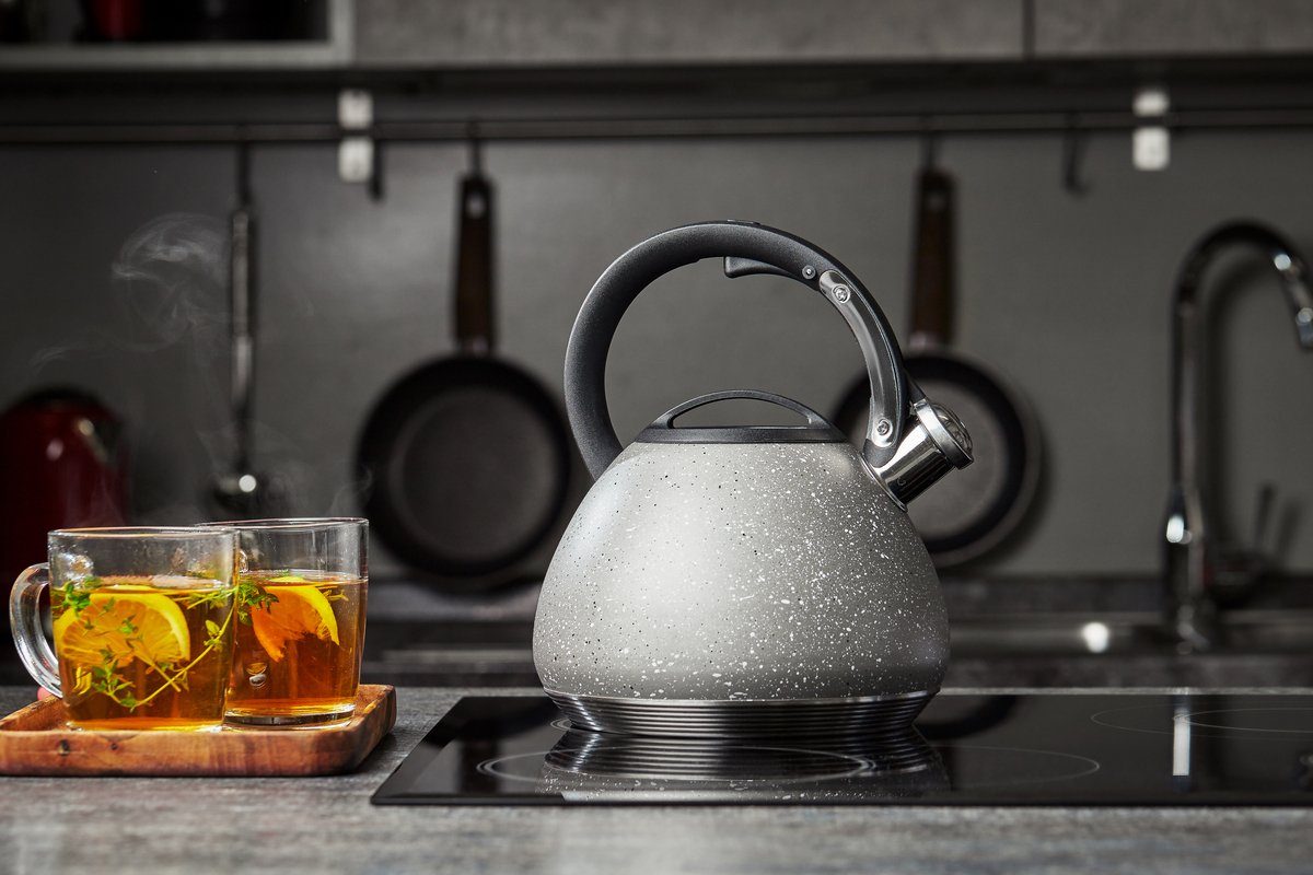 RESTO Kitchenware Wasserkessel LYRA, Cromargan® Edelstahl Rostfrei 18/10 (1-tlg), Pfeifenkessel, mit Marmor-Oberflächenbeschichtung, und mehrschichtigem Kapselboden