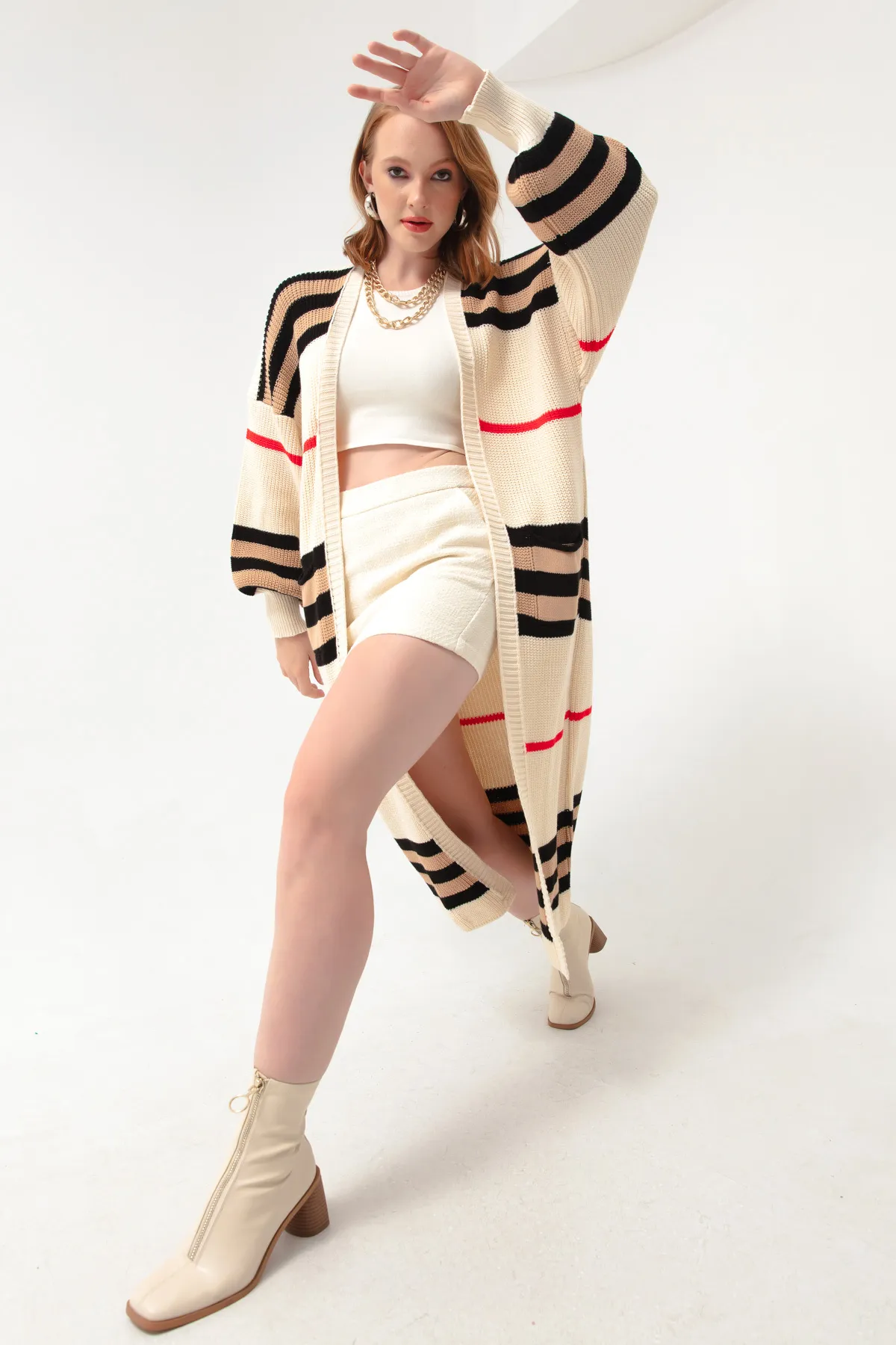 Lafaba  Beige-brauner, langer Strick-Cardigan mit Ballonärmeln für Damen