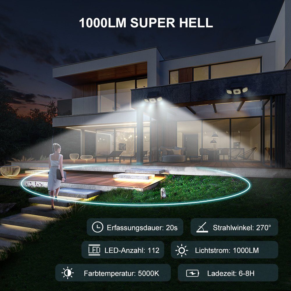 Mustwin LED Solarleuchte Solarleuchte LED Solarlampe Fluter für Außen Garten 3-Kopf / 4-Kopf, LED fest integriert, Kaltweiß, 112 LEDs Außen Wandleuchte, mit Bewegungsmelder, 3 Modi