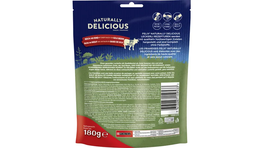 PURINA FELIX Naturally Delicious reich an Rind mit einem Hauch von Goji Beere Katzensnacks 180 g