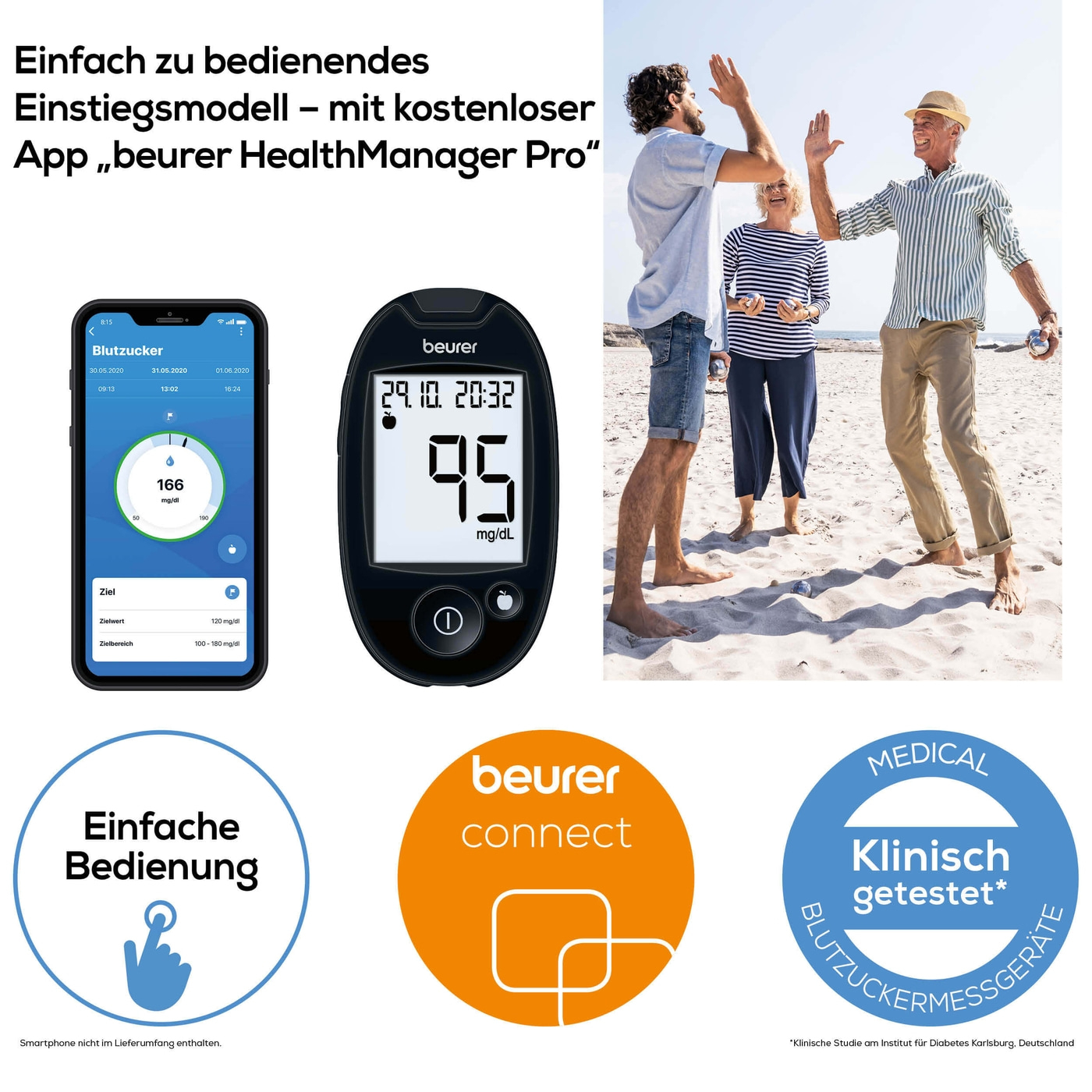 Beurer Blutzuckermessgerät GL 44 White mg/dL-Blutzuckermessgerät mit Blutmengenkontrolle & App-Anbindung