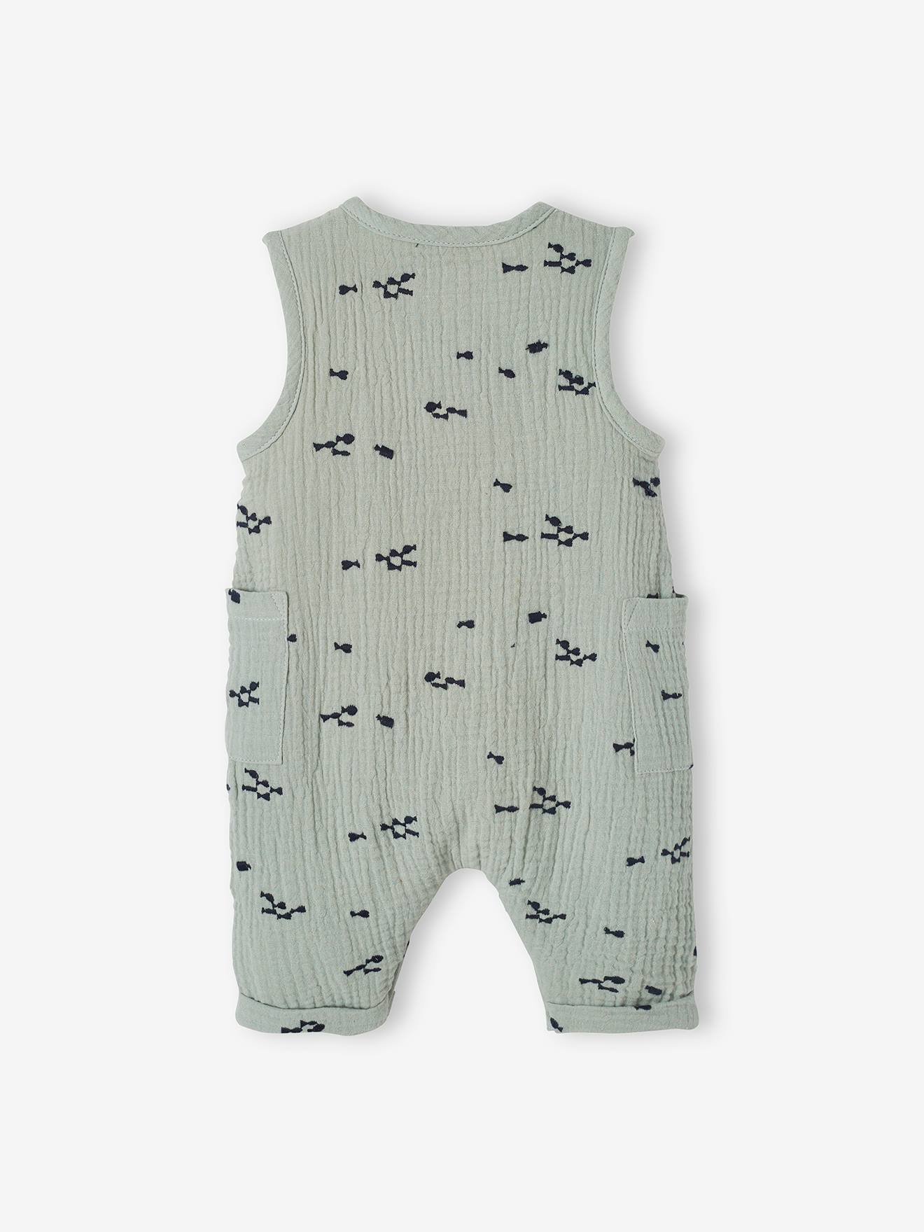Combinaison bébé naissance garçon en gaze de coton brodée beige