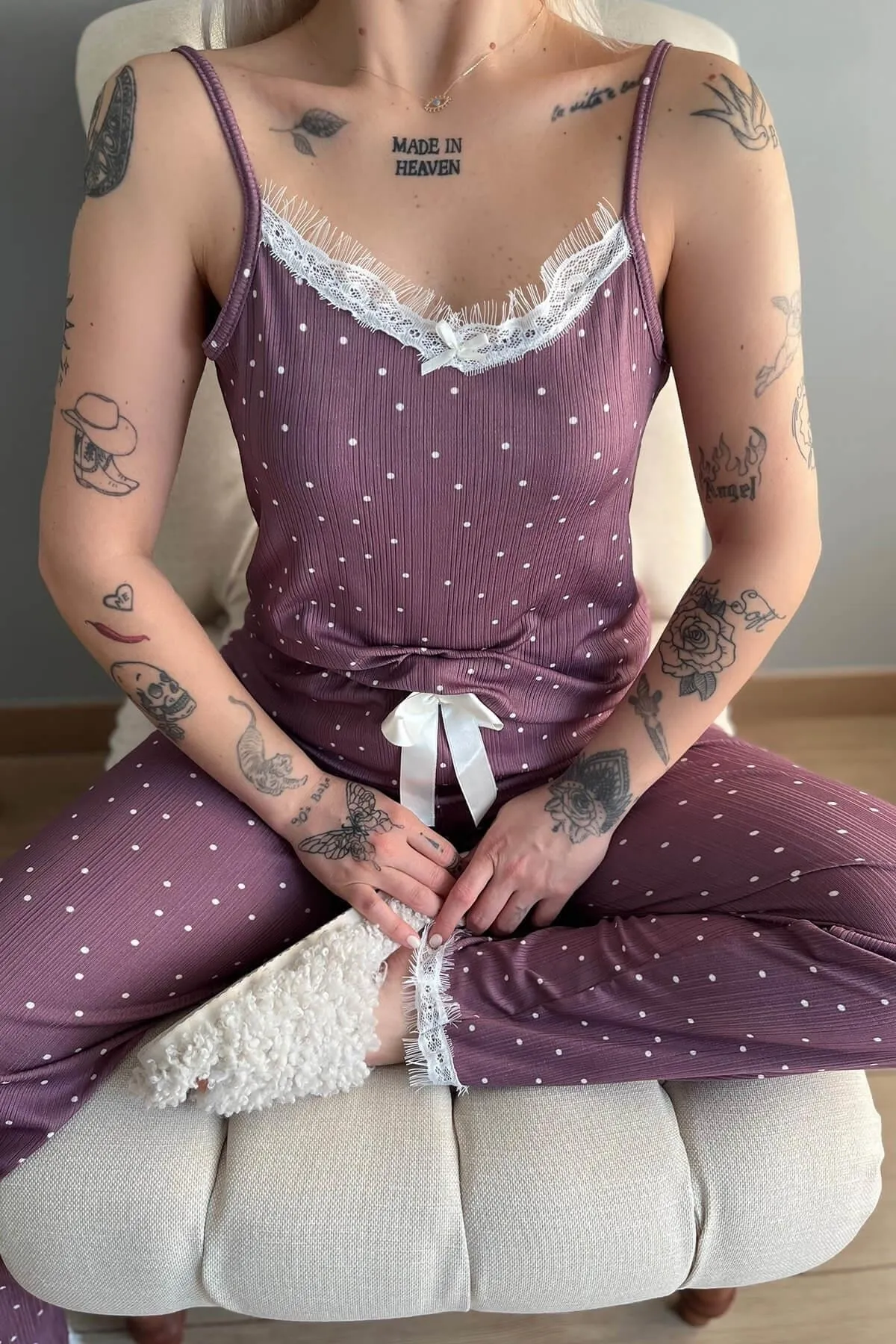 Pijamaevi  Lila Polka Dot Daisy Lace Rope Strap Gestricktes Damen-Pyjama-Set