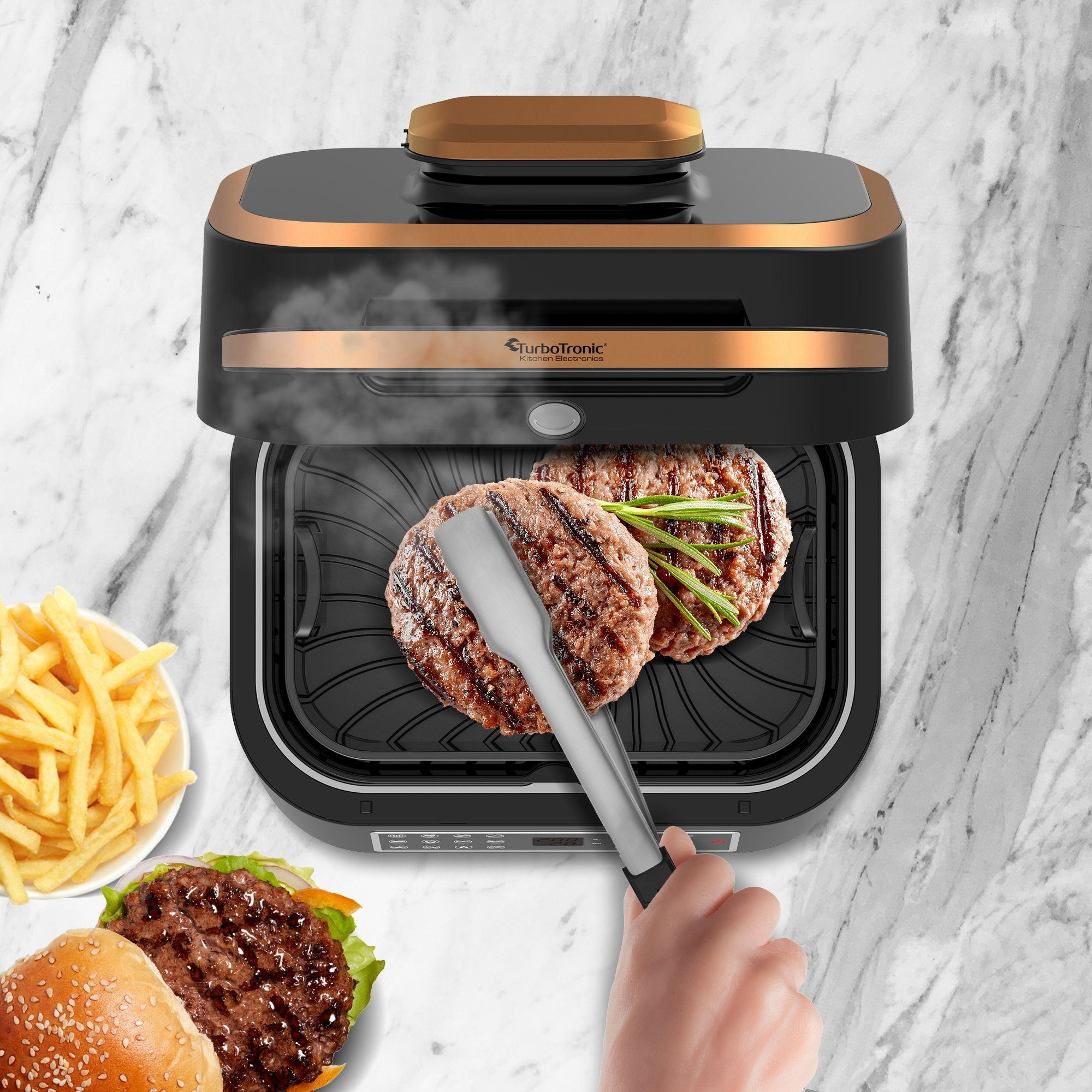TurboTronic by Z-Line Heißluftfritteuse bis 260°C Food Grill mit digitalem Temperaturfühler 6,5 L Volumen, 1800 W, Tischgrill mit Crisper Plate Steakgrill