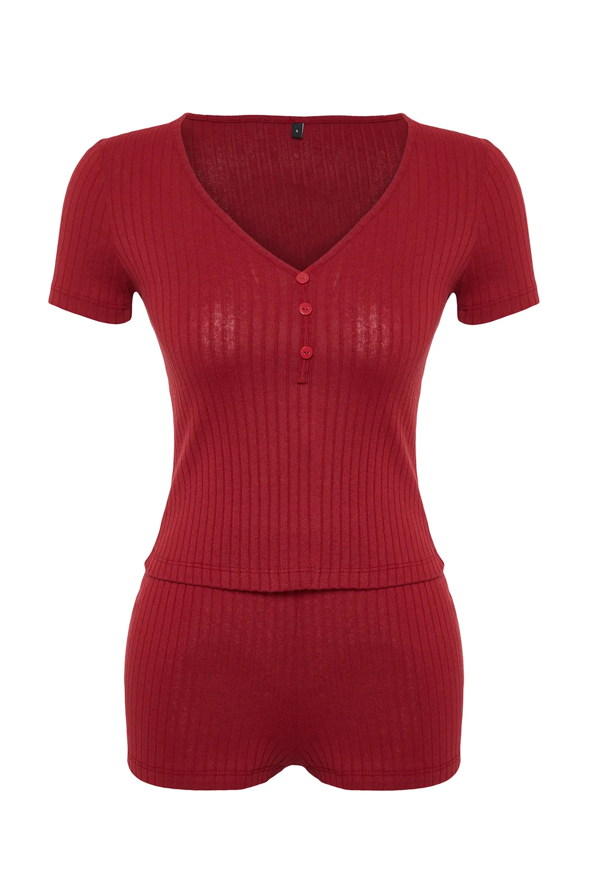 Trendyol Collection  Bordeauxrotes Pyjama-Set mit Knöpfen und detailliertem Cordstrick-Pyjama THMSS24PT00097