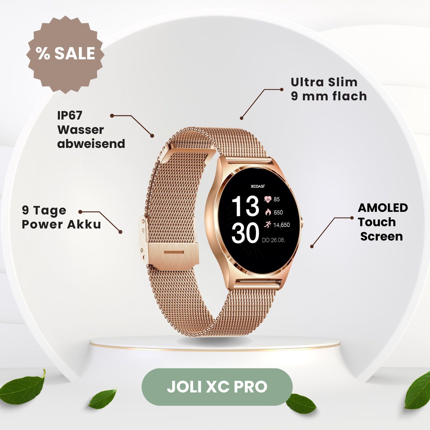 XCOAST JOLI Damen Smartwatch (3,9 cm/1,3 Zoll) Fitness Tracker, neueste Generation, rosegold, 3-tlg., mit goldenem Mesh Armband, IP67 wasserdicht, Herzfrequenz, Blutdruck, Blutsauerstoff, Schlaf