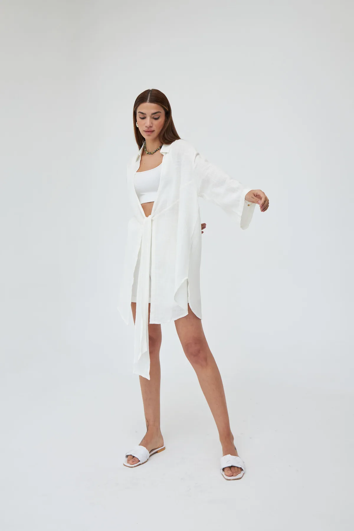 Laluvia  Off White Flam Leinen-Kimono-Hemd