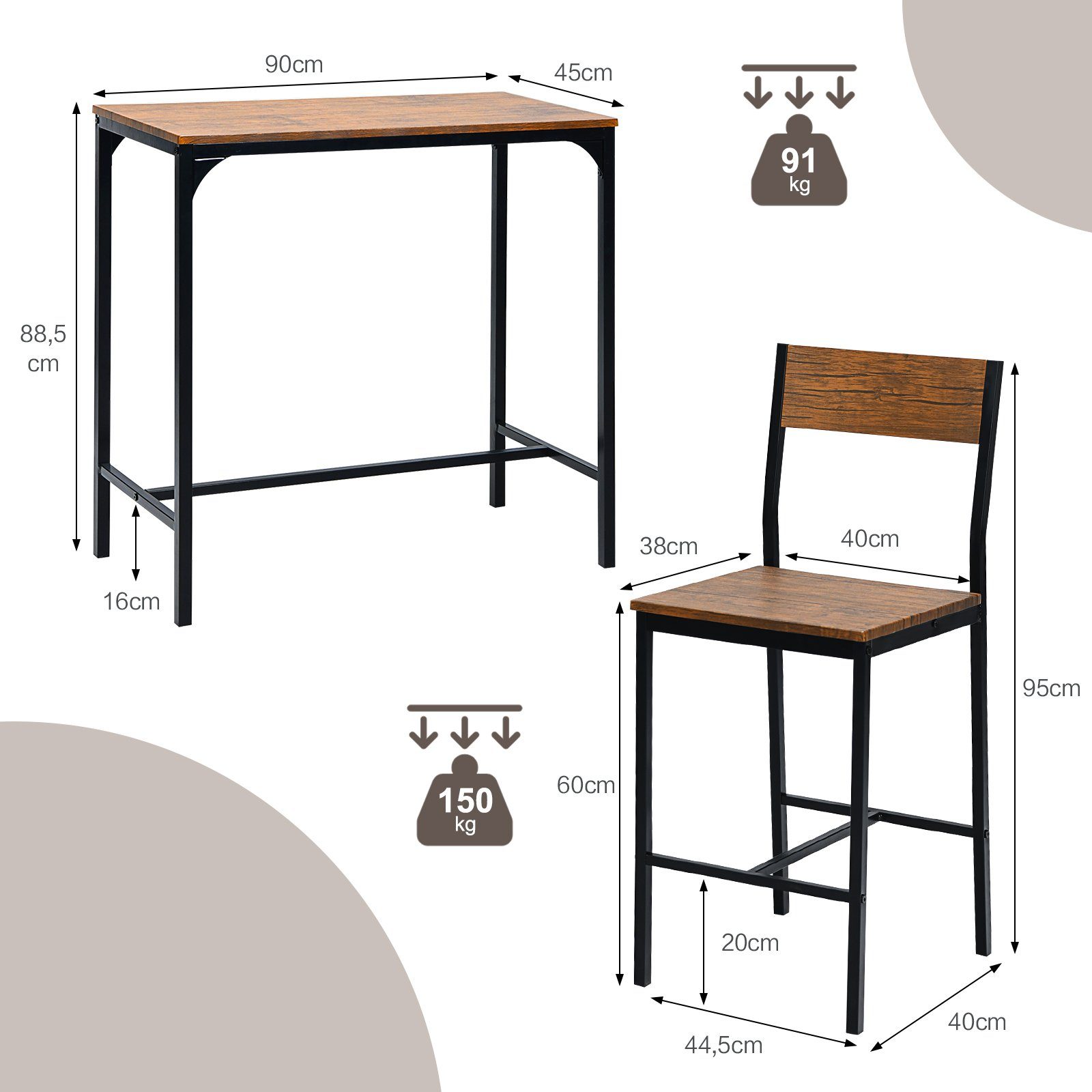COSTWAY Bartisch, Set Esstisch (90x45x88,5cm) mit 2 Stühlen, 3 tlg., Metall