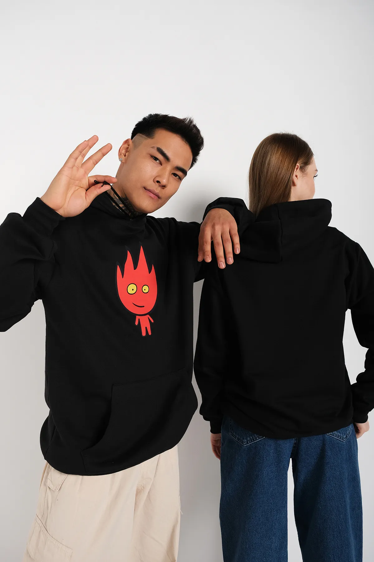 Know  Schwarzer Unisex-Kapuzenpullover mit Aufdruck „Binary Fire And Water“ in Übergröße
