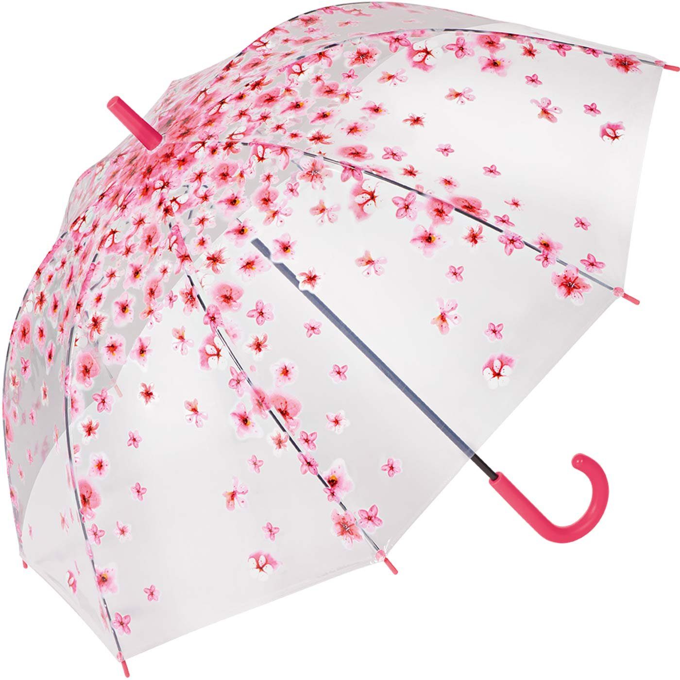 HAPPY RAIN Langregenschirm durchsichtiger, stabiler Damen-Transparentschirm, bedruckt mit pinkfarbenen Blüten