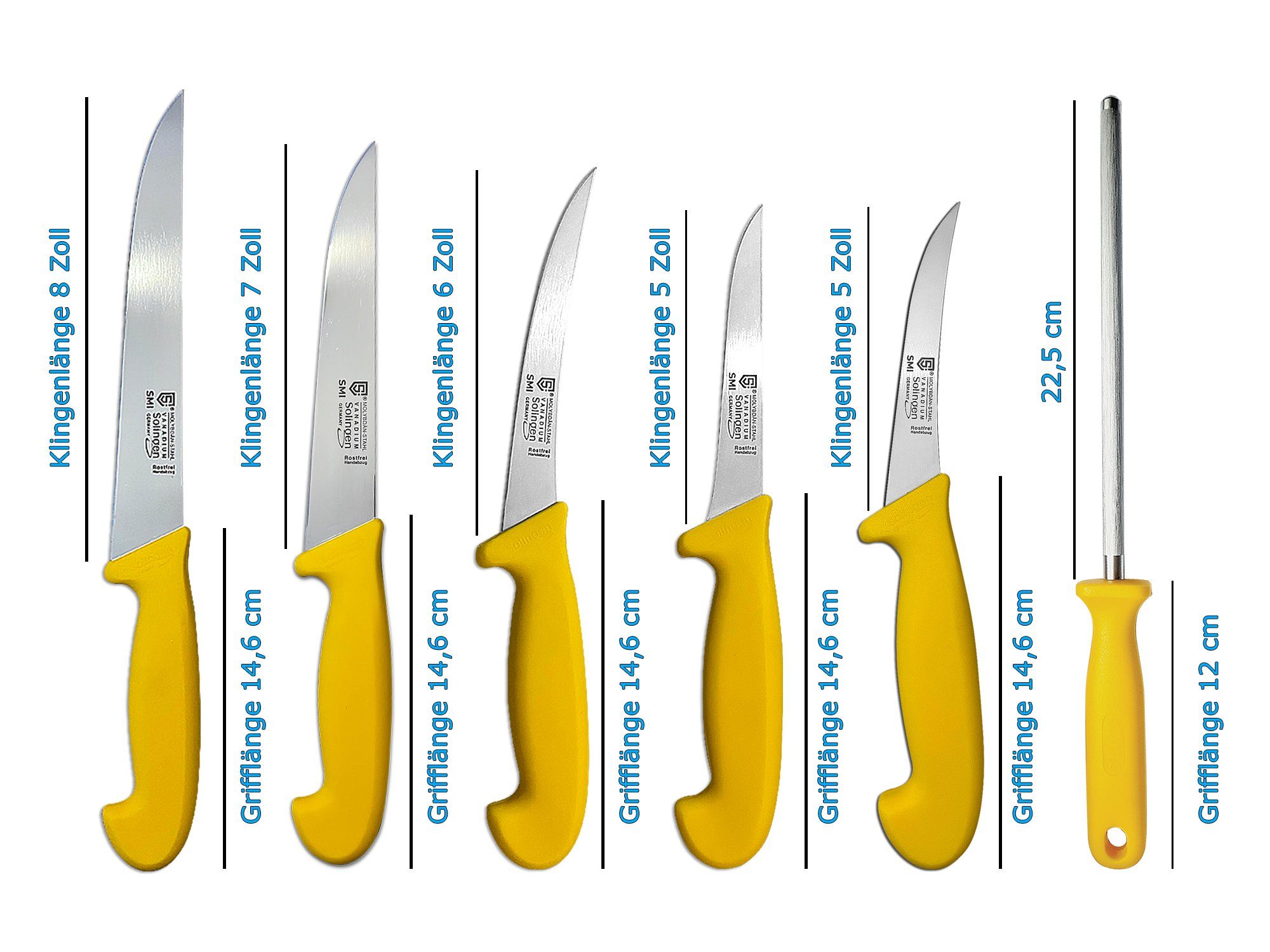 SMI Kochmesser 6-tlg Küchenmesser Set Solingen Metzgermesser Wetzstahl Ausbeinmesser