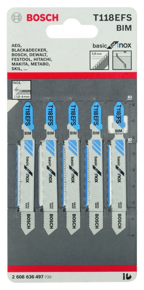 Bosch Blue Zubehör 2608636497 T118EFS Stichsägeblätter T-Schaft, 5 Stück, Edelstahl