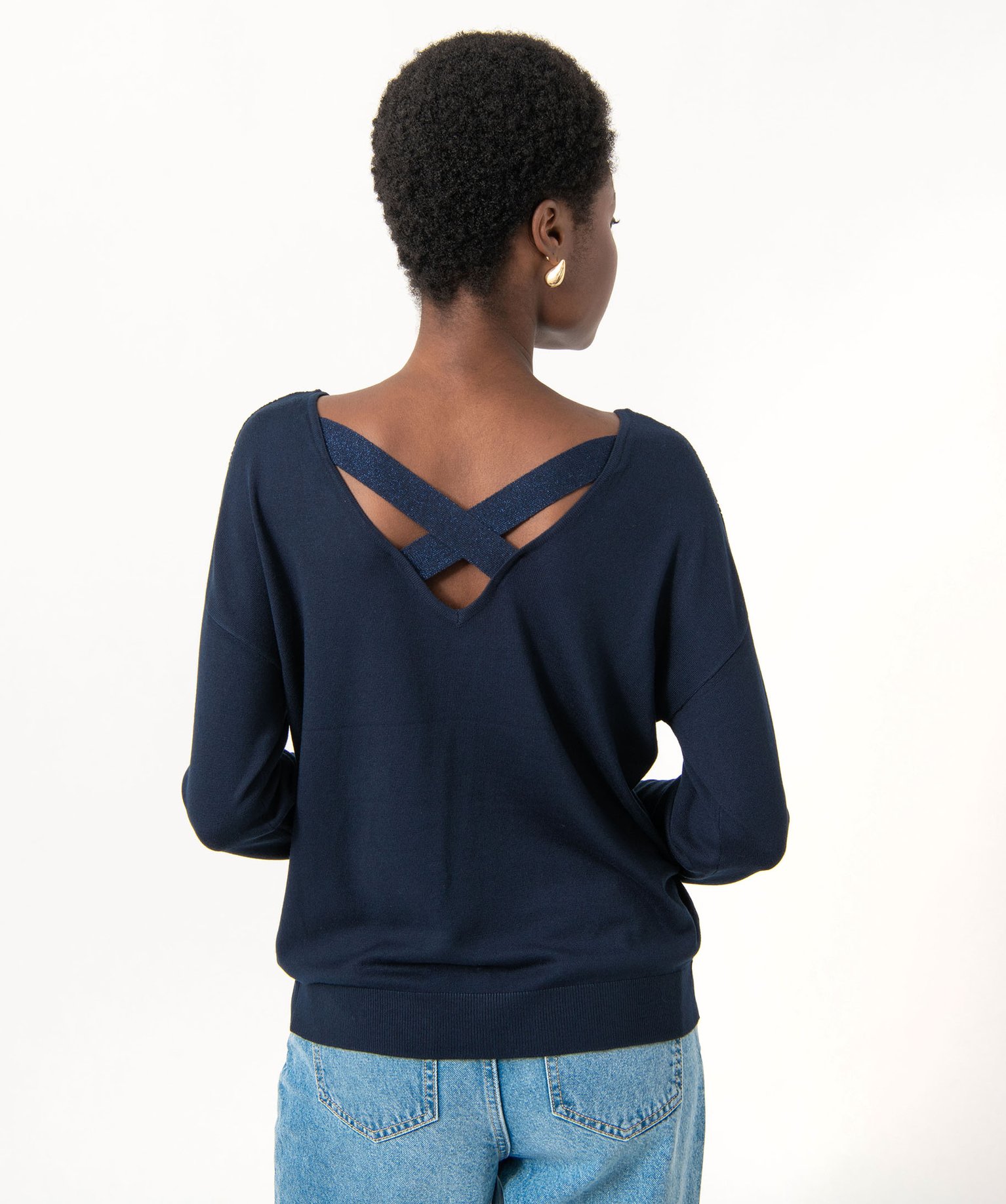 Pull fin à col rond avec dos croisé femme marine | GEMO