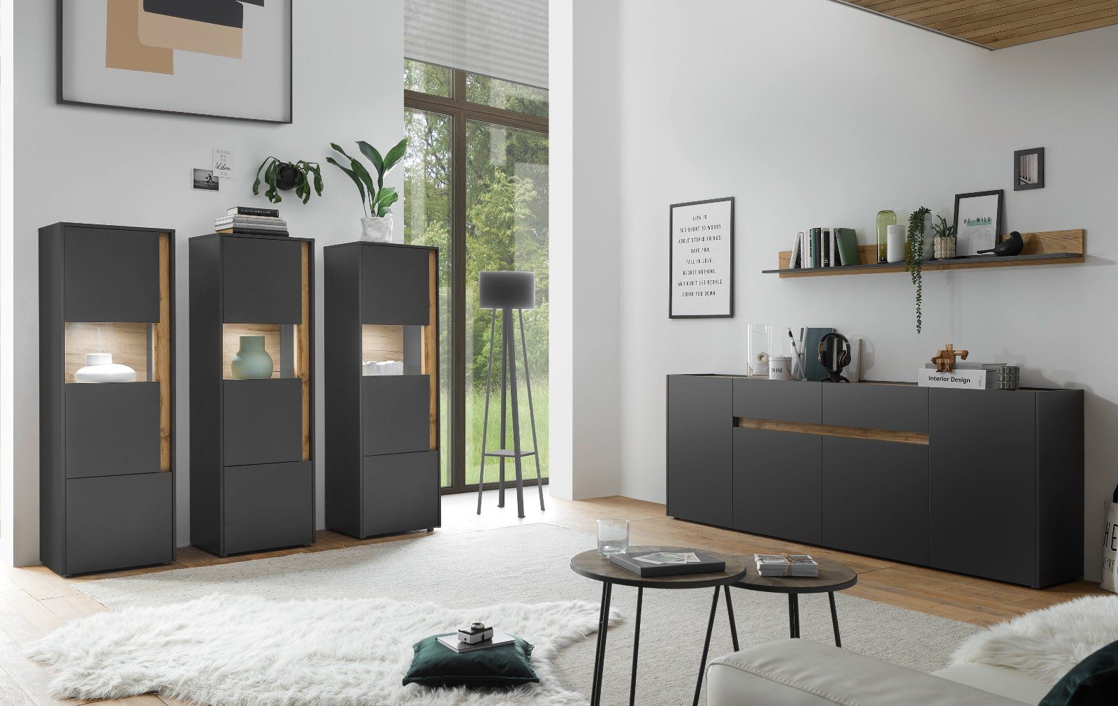 Furn.Design Wohnwand Center, (Komplett-Set, bestehend aus Lowboard 300 cm und Wandpaneel 155 cm), Breite 300 cm, mit Hänge-Lowboard