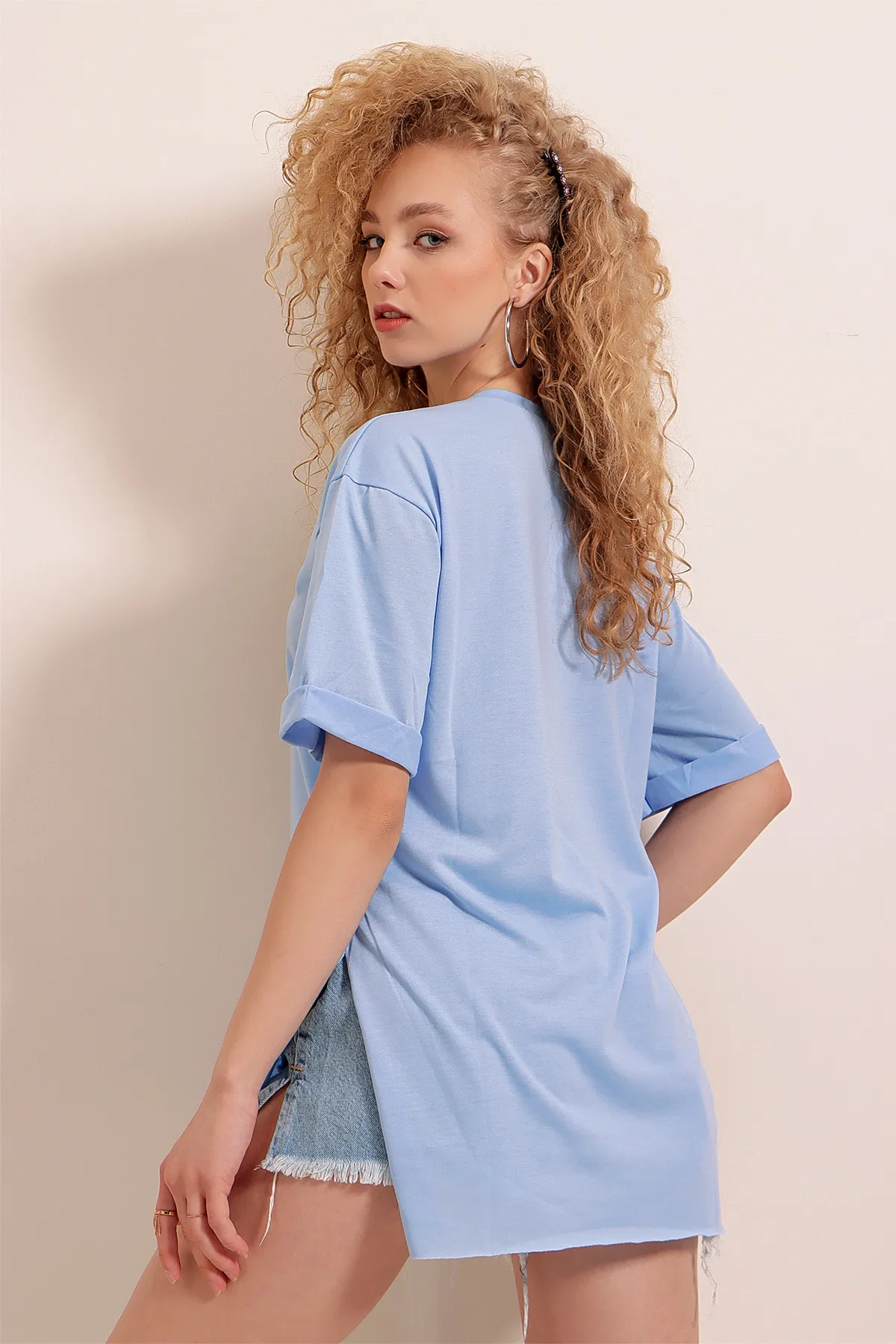 Bigdart  4123 Geschlitztes Oversize-T-Shirt – Türkis