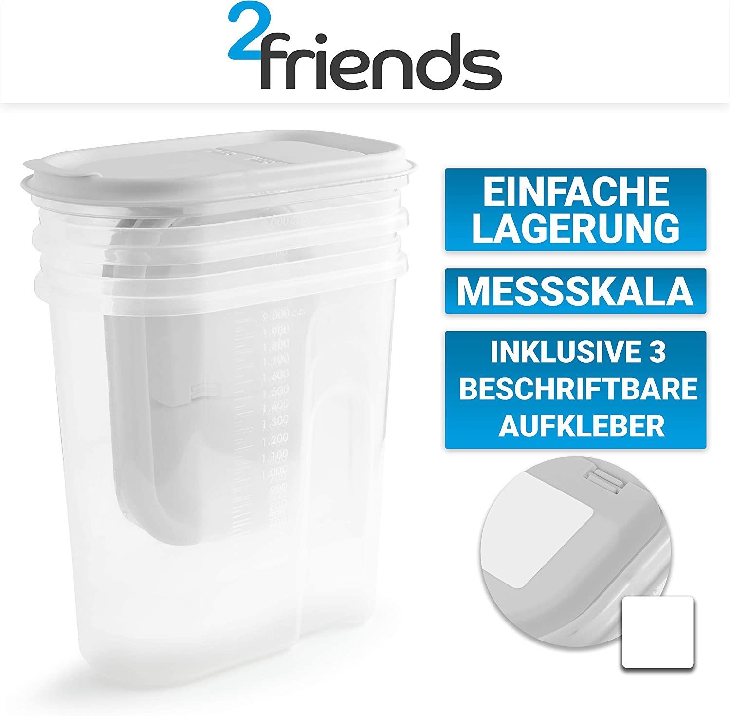 Centi Vorratsdose Vorratsbehälter Set mit Klappdeckeln, Schüttdosen, Müsli Aufbewahrung, Kunststoff, (Set, 3-tlg., 2 Liter), 100% recyclebar, ideale Größe z.B. für Cornflakes, Weiße Deckel