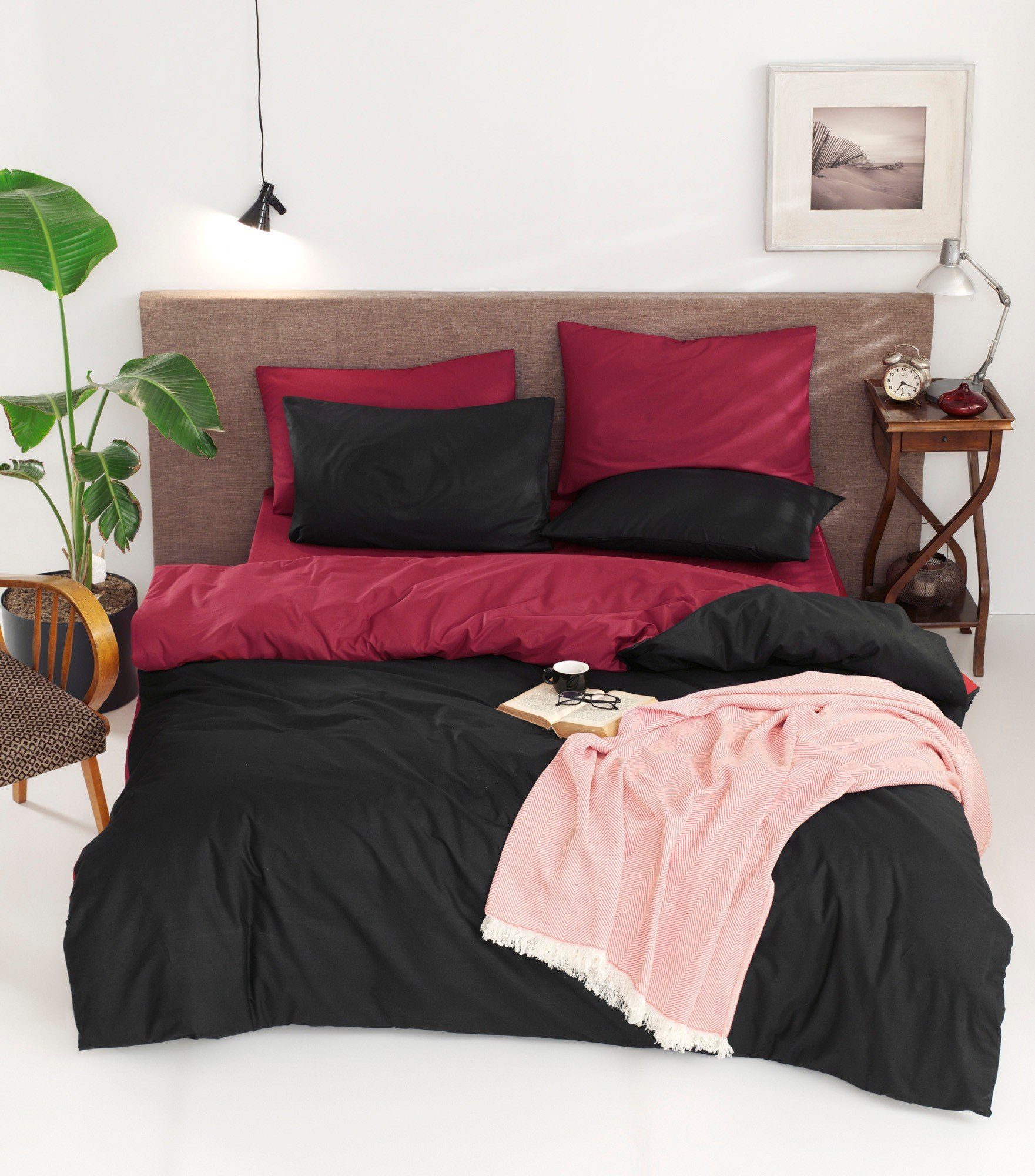 Bettdecke + Kopfkissen, ELR2298, Claret,rot, 100% Baumwolle ranforce, L'Essentiel Linge de Maison