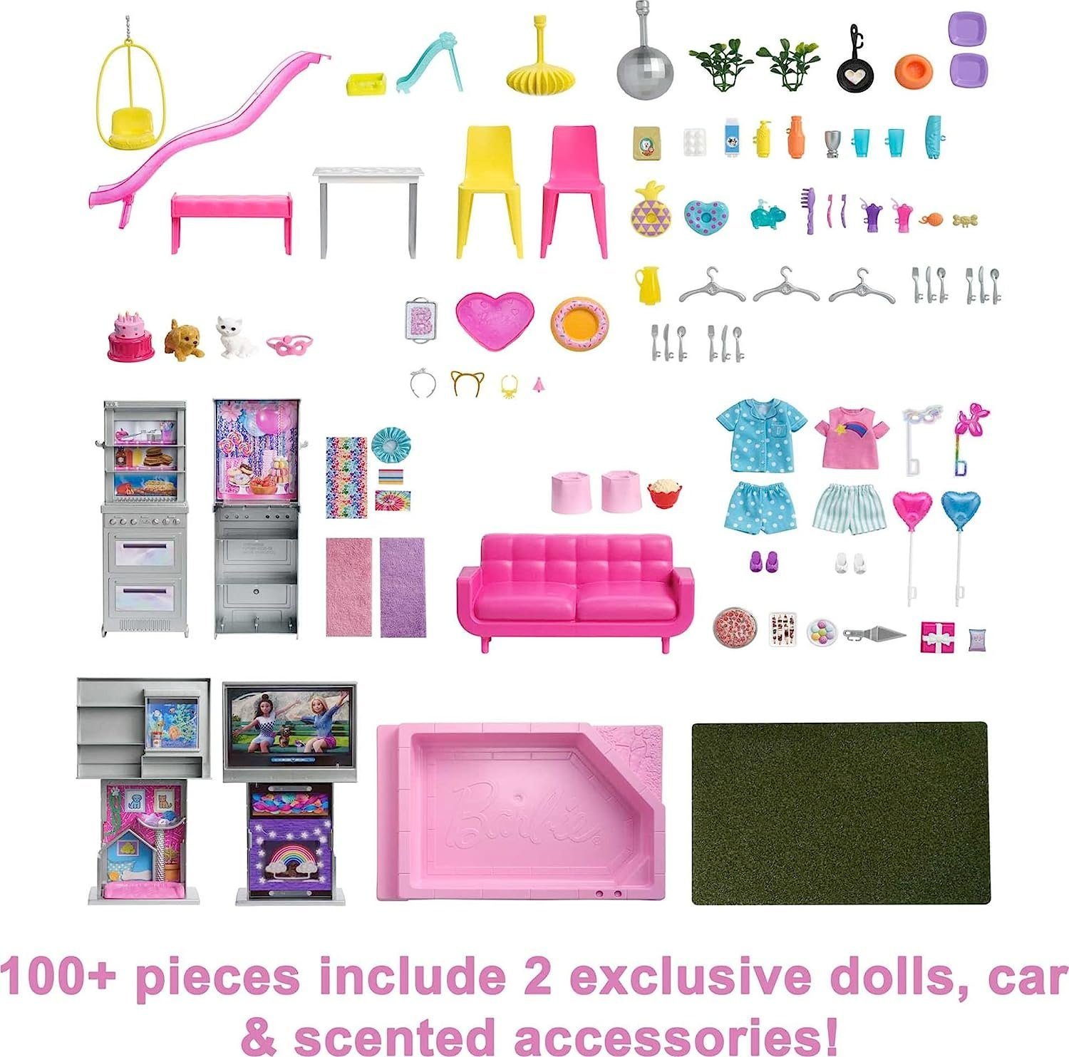 Barbie Puppenhaus Jubiläums Edition, 3-stöckiges Puppenhaus mit 6 Zimmern, Barbie-Pool, (Dreamhouse, Puppen Haus, Puppenhäuser, Set, mit Rutsche, 100-tlg., ab 3 jahren, Puppenvilla Dollhouse, Film, Beleuchtung), Puppenhaus Barbie xxl groß, The Movie,