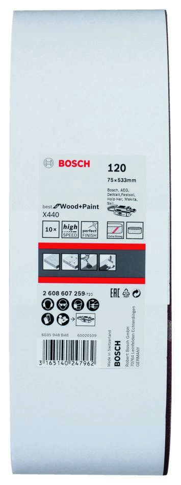 Bosch Accessori Blu 2608607259 2607607259 Nastro abrasivo 75 x 533 mm K120 Ideale per legno e vernice 10 pezzi