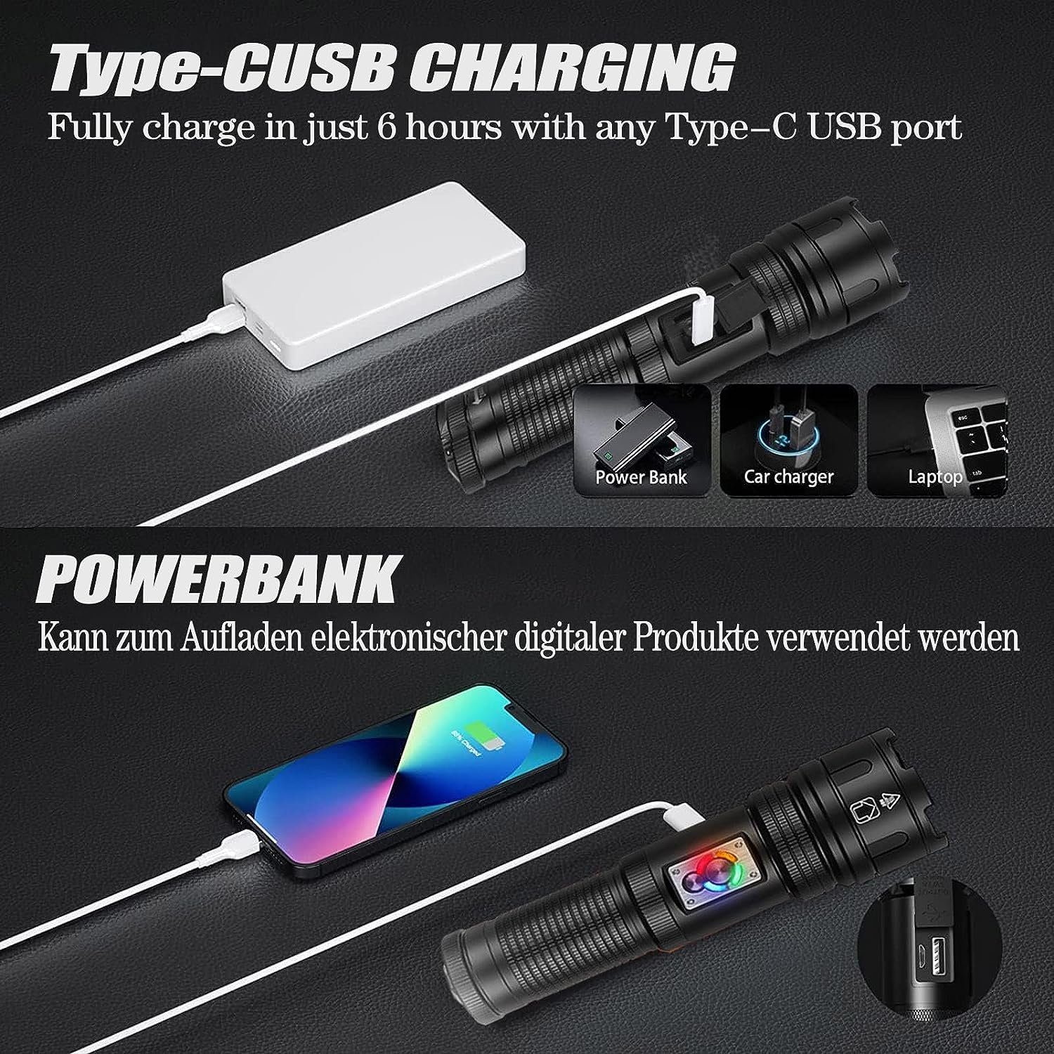 Hikeren Taschenlampe Superhelle Flashlight,150000LM,Campinglampe 10 Modi,Starke Wasserdicht (1-St), Einstellbare Brennweite
