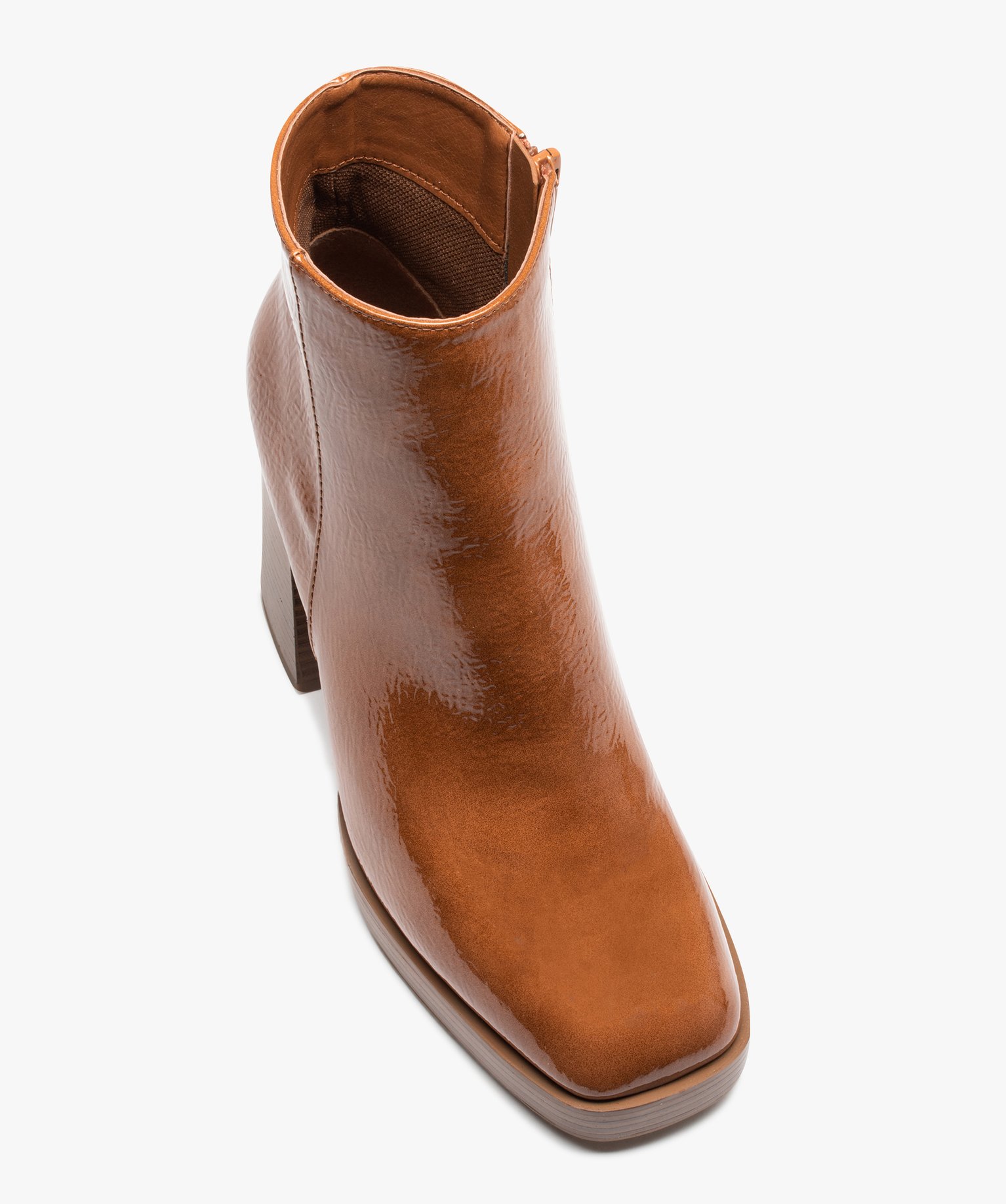 Boots femme vernies à talon haut avec bout carré camel | GEMO