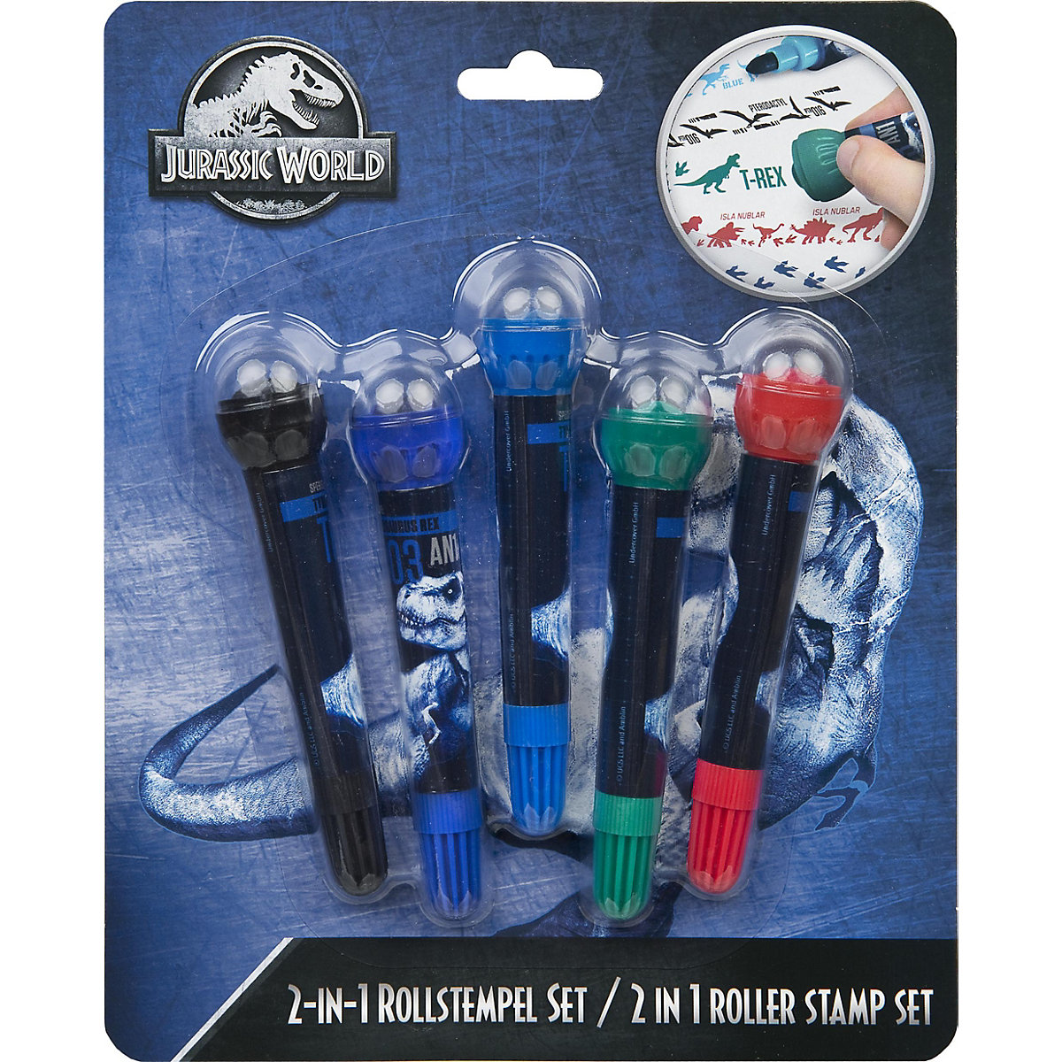 2in1 Fasermaler-Rollstempelset Jurassic World, 5 Farben/Motive