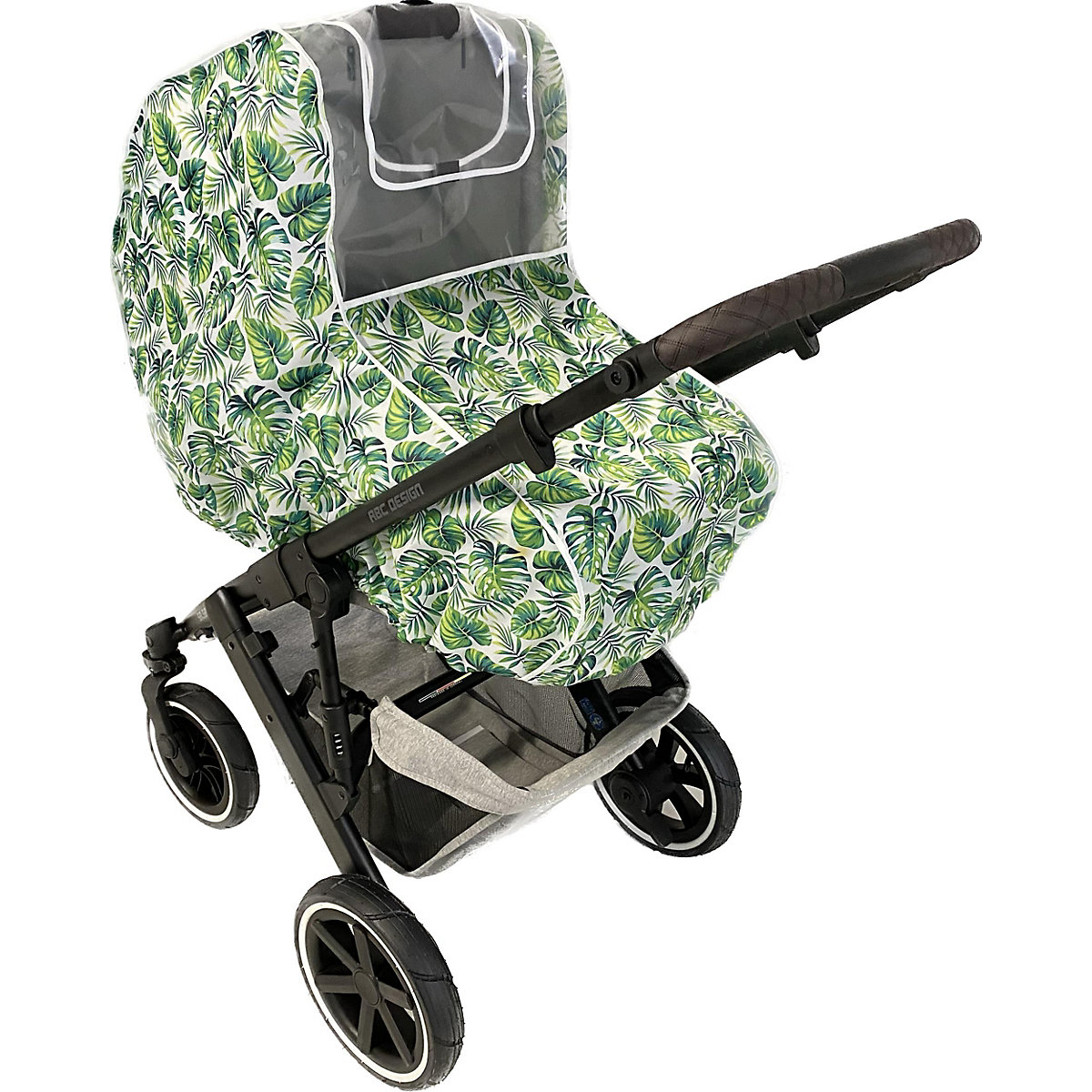 Kinderwagen-Regenschutz mit Sichtfenster und Klappe - URBAN JUNGLE, grüne Blätter